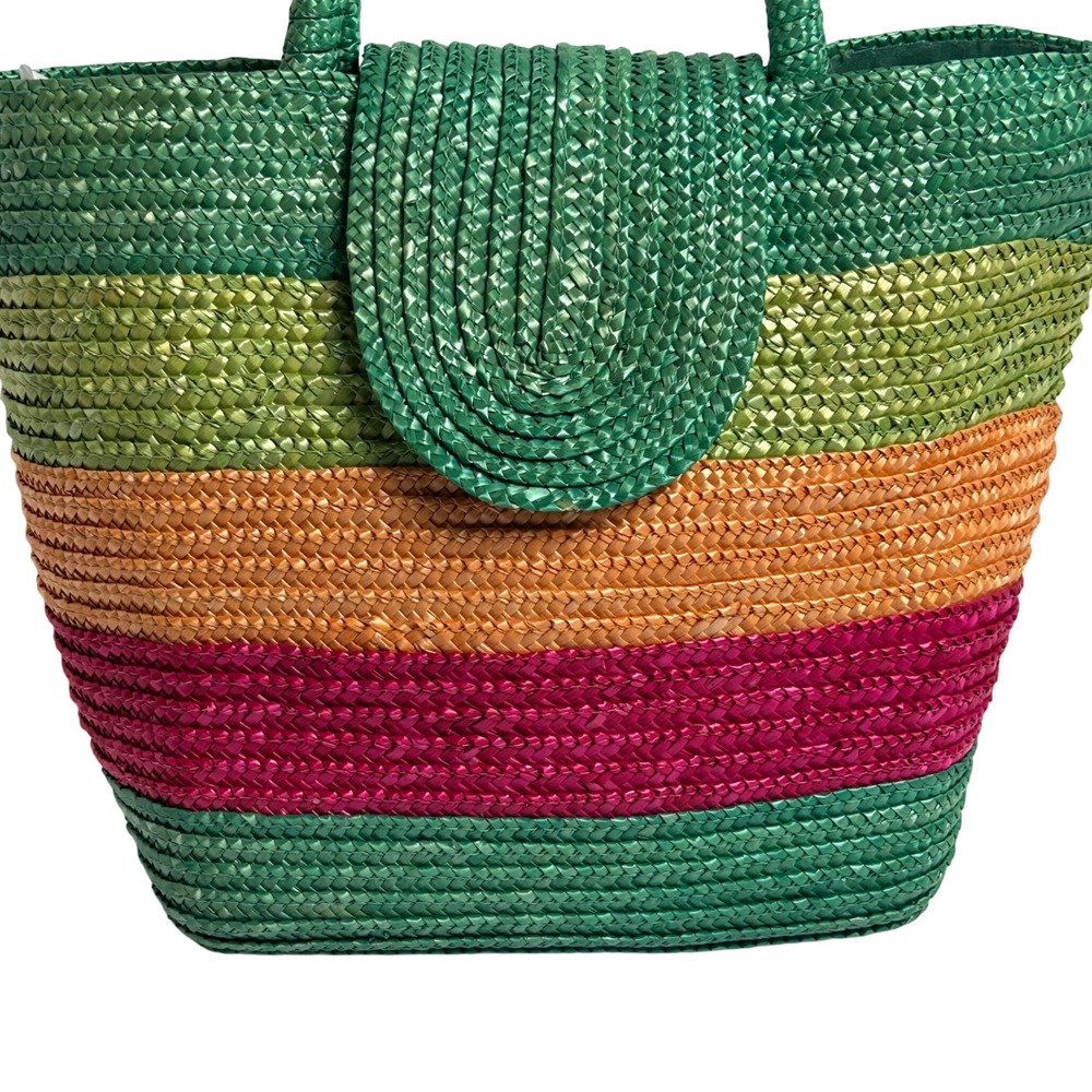 Woven Straw Tote Bag Green Magenta Pink Orange Striped Beach Resort Vacation